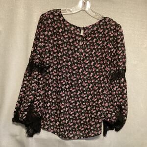 G Collection Floral Lace Inset Fairy Goth Long Sleeve Blouse Size Large